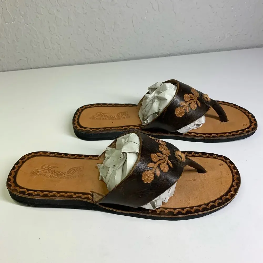 AMAY PE HECHO EN MEXICO Sandals 8 Artisan Huaraches Slip On Hand Tooled Floral